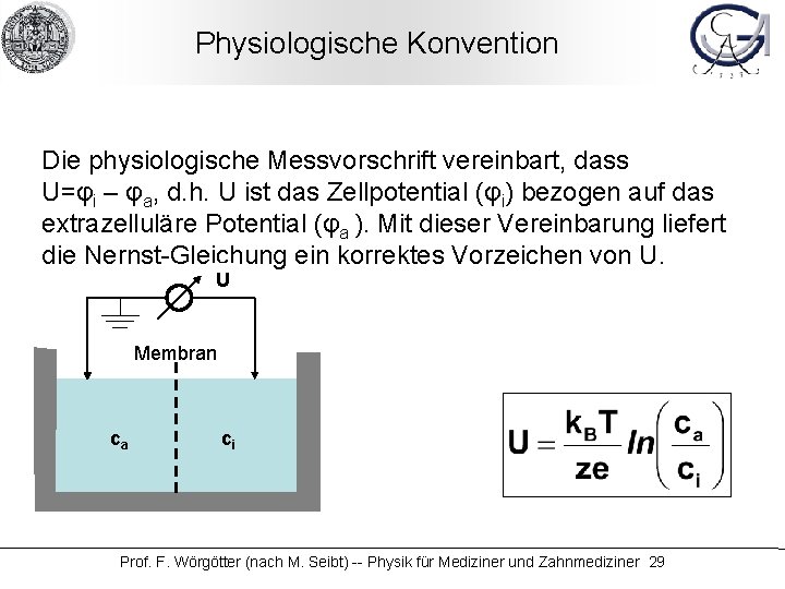 Physiologische Konvention Die physiologische Messvorschrift vereinbart, dass U=φi – φa, d. h. U ist