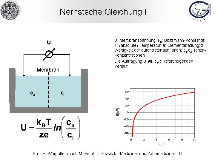 Nernstsche Gleichung I U: Membranspannung; k. B: Boltzmann-Konstante; T: (absolute) Temperatur; e: Elementarladung; z: