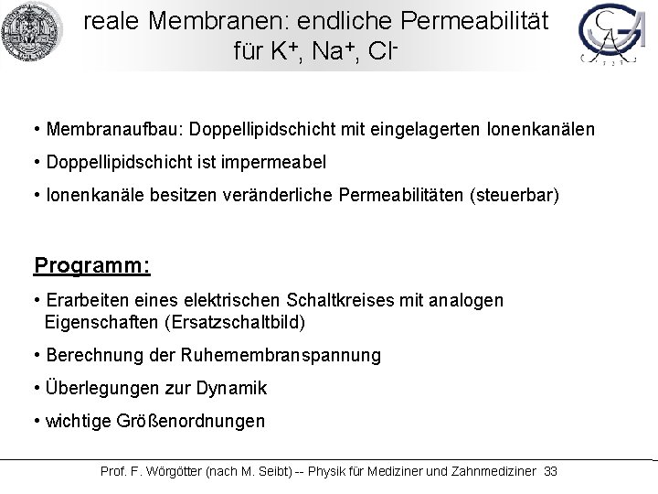 reale Membranen: endliche Permeabilität für K+, Na+, Cl • Membranaufbau: Doppellipidschicht mit eingelagerten Ionenkanälen