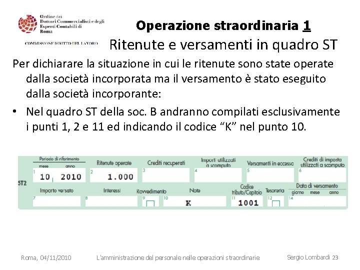 Operazione straordinaria 1 Ritenute e versamenti in quadro ST Per dichiarare la situazione in Operazione straordinaria 1 Ritenute e versamenti in quadro ST Per dichiarare la situazione in