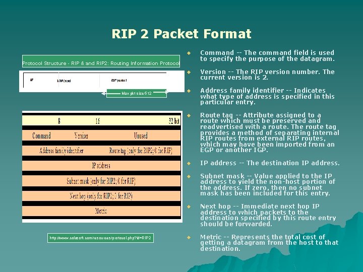 RIP 2 Packet Format u Command -- The command field is used to specify