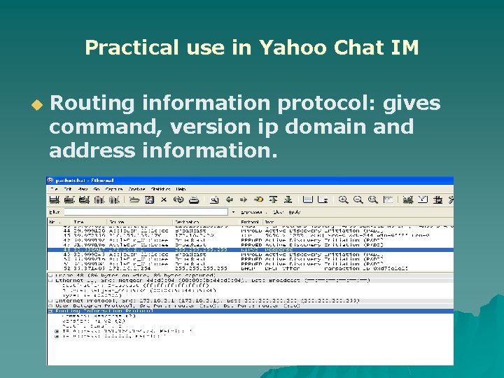 Practical use in Yahoo Chat IM u Routing information protocol: gives command, version ip
