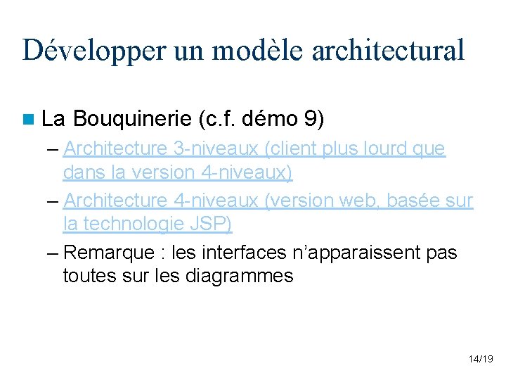 Développer un modèle architectural n La Bouquinerie (c. f. démo 9) – Architecture 3 Développer un modèle architectural n La Bouquinerie (c. f. démo 9) – Architecture 3