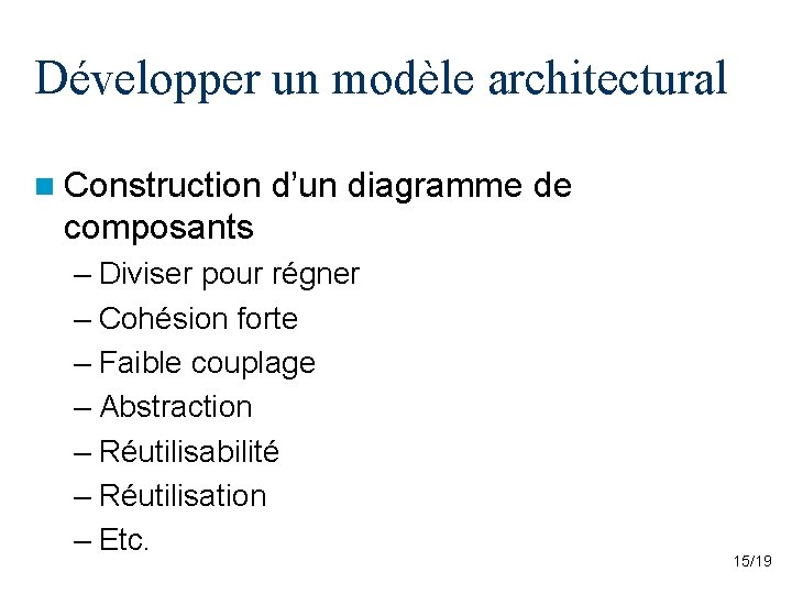 Développer un modèle architectural n Construction d’un diagramme de composants – Diviser pour régner Développer un modèle architectural n Construction d’un diagramme de composants – Diviser pour régner