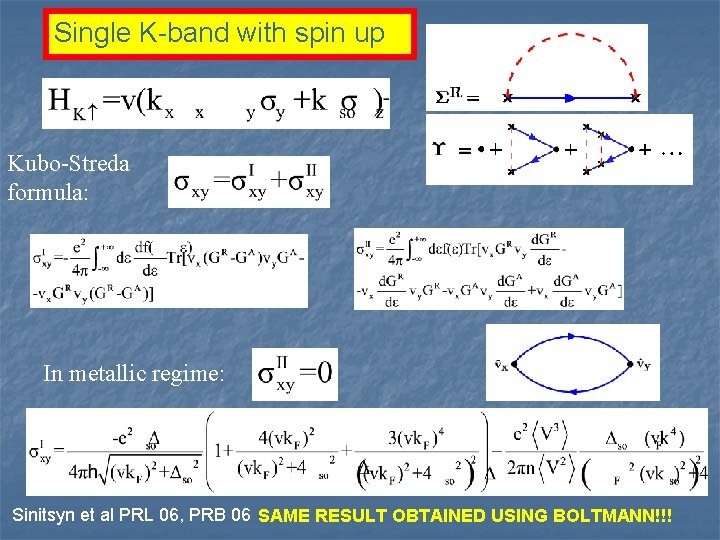 Single K-band with spin up Kubo-Streda formula: In metallic regime: Sinitsyn et al PRL