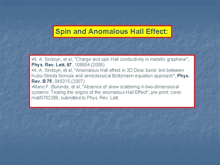 Spin and Anomalous Hall Effect: • N. A. Sinitsyn, et al, "Charge and spin