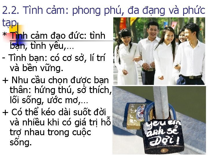 2. 2. Tình cảm: phong phú, đa đạng và phức tạp * Tình cảm