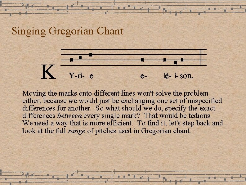 Singing Gregorian Chant Moving the marks onto different lines won't solve the problem either, Singing Gregorian Chant Moving the marks onto different lines won't solve the problem either,