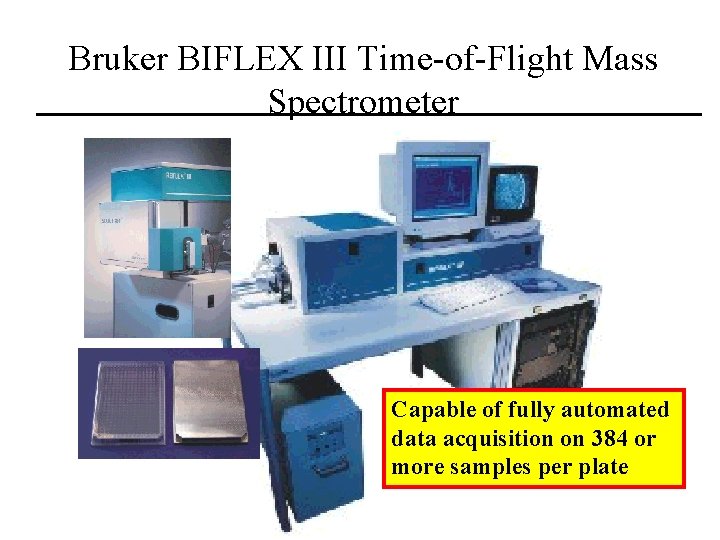 Bruker BIFLEX III Time-of-Flight Mass Spectrometer Capable of fully automated data acquisition on 384