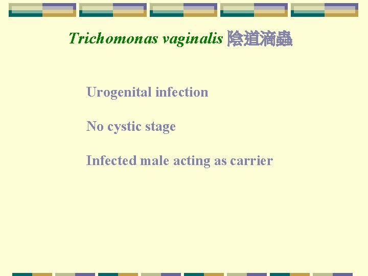 Trichomonas vaginalis 陰道滴蟲 Urogenital infection No cystic stage Infected male acting as carrier Trichomonas vaginalis 陰道滴蟲 Urogenital infection No cystic stage Infected male acting as carrier