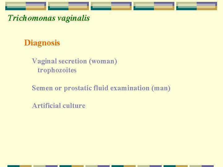 Trichomonas vaginalis Diagnosis Vaginal secretion (woman) trophozoites Semen or prostatic fluid examination (man) Artificial