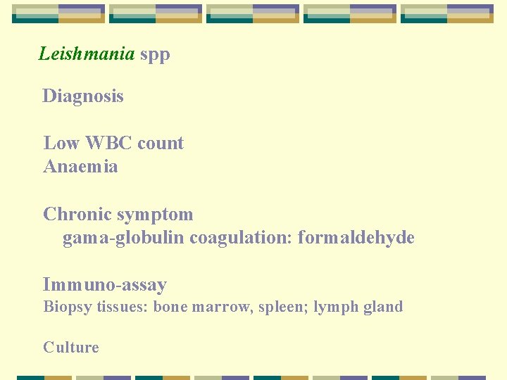 Leishmania spp Diagnosis Low WBC count Anaemia Chronic symptom gama-globulin coagulation: formaldehyde Immuno-assay Biopsy
