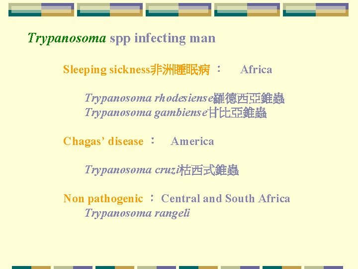 Trypanosoma spp infecting man Sleeping sickness非洲睡眠病 ： Africa Trypanosoma rhodesiense羅德西亞錐蟲 Trypanosoma gambiense甘比亞錐蟲 Chagas’ disease