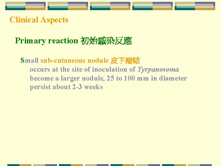 Clinical Aspects Primary reaction 初始感染反應 Small sub-cutaneous nodule 皮下瘤結 occurs at the site of