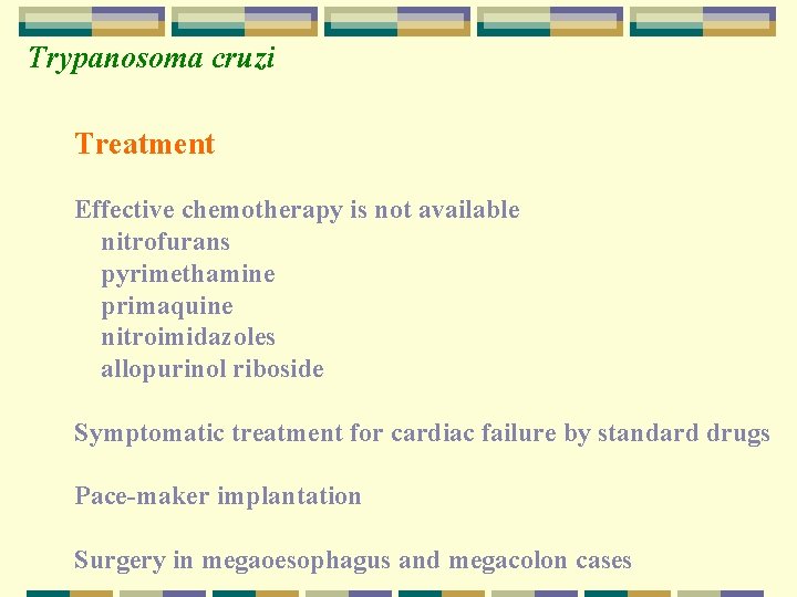 Trypanosoma cruzi Treatment Effective chemotherapy is not available nitrofurans pyrimethamine primaquine nitroimidazoles allopurinol riboside