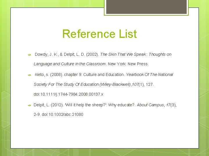 Reference List Dowdy, J. K. , & Delpit, L. D. (2002). The Skin That