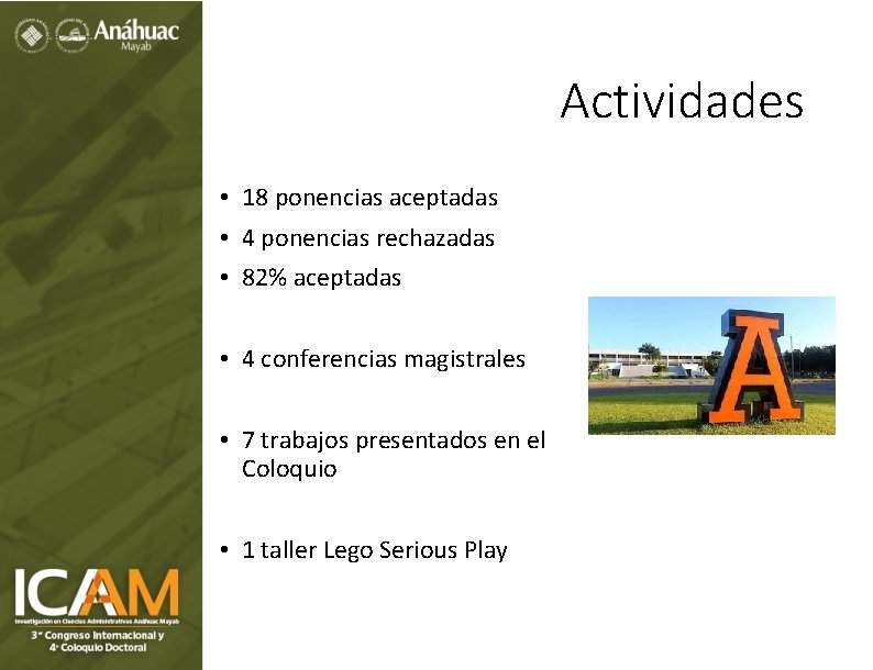 Actividades • 18 ponencias aceptadas • 4 ponencias rechazadas • 82% aceptadas • 4