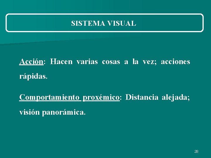 SISTEMA VISUAL Acción: Hacen varias cosas a la vez; acciones rápidas. Comportamiento proxémico: Distancia SISTEMA VISUAL Acción: Hacen varias cosas a la vez; acciones rápidas. Comportamiento proxémico: Distancia