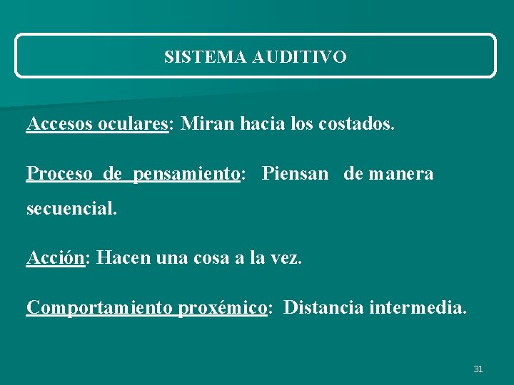 SISTEMA AUDITIVO Accesos oculares: Miran hacia los costados. Proceso de pensamiento: Piensan de manera SISTEMA AUDITIVO Accesos oculares: Miran hacia los costados. Proceso de pensamiento: Piensan de manera