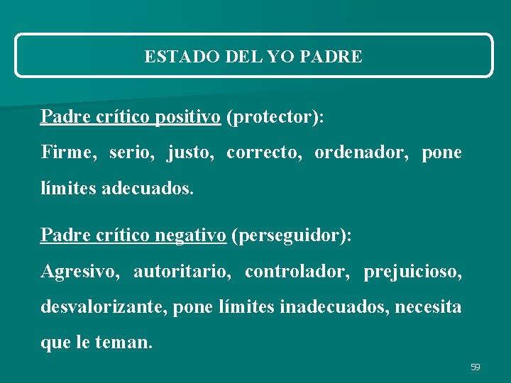 ESTADO DEL YO PADRE Padre crítico positivo (protector): Firme, serio, justo, correcto, ordenador, pone ESTADO DEL YO PADRE Padre crítico positivo (protector): Firme, serio, justo, correcto, ordenador, pone