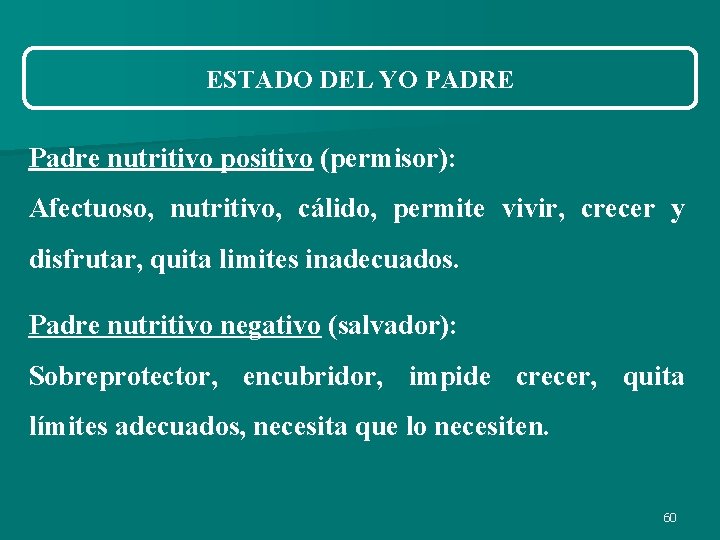 ESTADO DEL YO PADRE Padre nutritivo positivo (permisor): Afectuoso, nutritivo, cálido, permite vivir, crecer ESTADO DEL YO PADRE Padre nutritivo positivo (permisor): Afectuoso, nutritivo, cálido, permite vivir, crecer