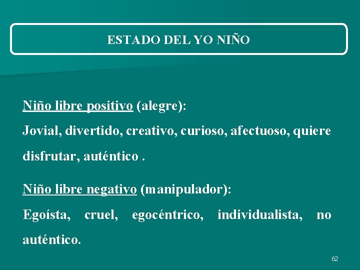 ESTADO DEL YO NIÑO Niño libre positivo (alegre): Jovial, divertido, creativo, curioso, afectuoso, quiere ESTADO DEL YO NIÑO Niño libre positivo (alegre): Jovial, divertido, creativo, curioso, afectuoso, quiere