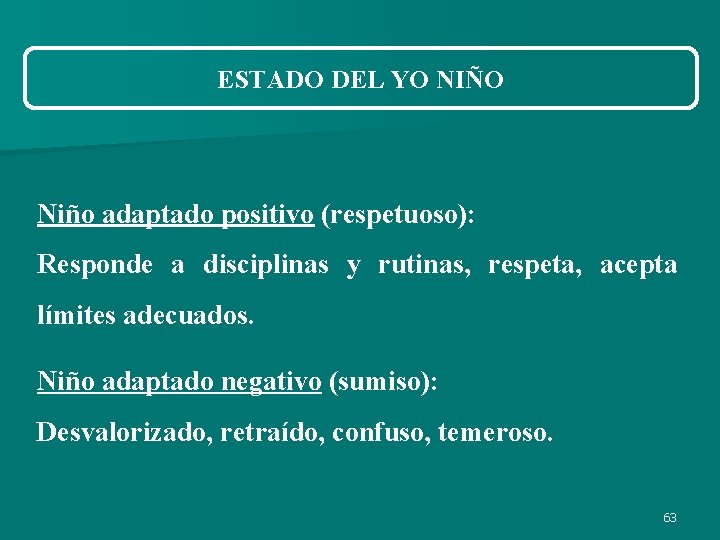 ESTADO DEL YO NIÑO Niño adaptado positivo (respetuoso): Responde a disciplinas y rutinas, respeta, ESTADO DEL YO NIÑO Niño adaptado positivo (respetuoso): Responde a disciplinas y rutinas, respeta,