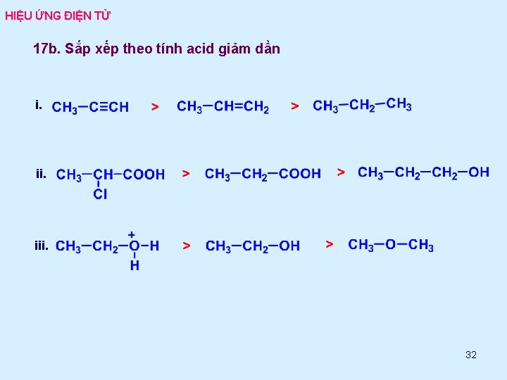 HIỆU ỨNG ĐIỆN TỬ 17 b. Sắp xếp theo tính acid giảm dần i.