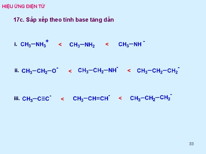 HIỆU ỨNG ĐIỆN TỬ 17 c. Sắp xếp theo tính base tăng dần i.