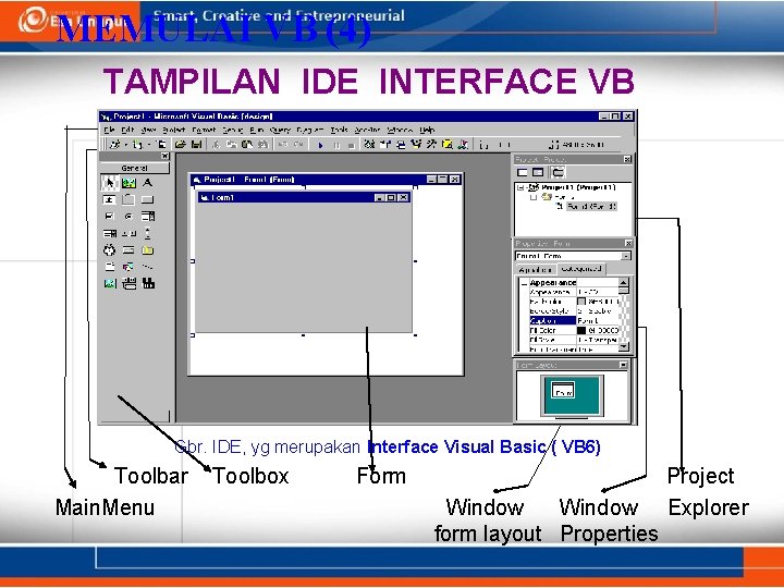 MEMULAI VB (4) TAMPILAN IDE INTERFACE VB Gbr. IDE, yg merupakan Interface Visual Basic