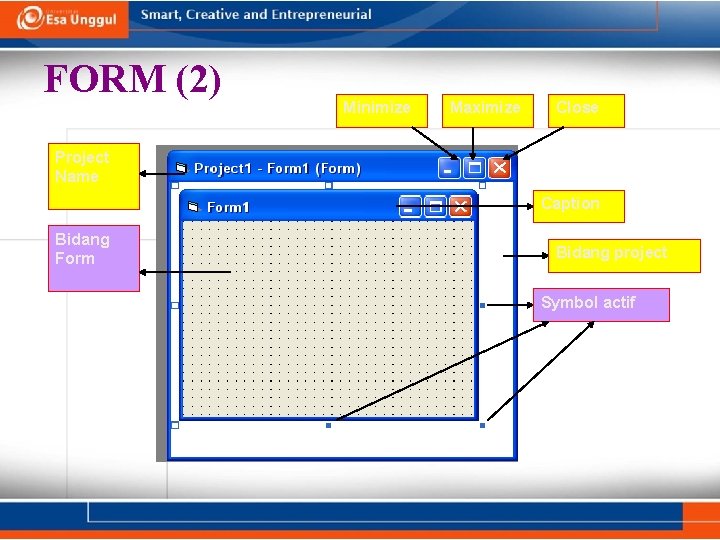 FORM (2) Minimize Maximize Close Project Name Caption Bidang Form Bidang project Symbol actif