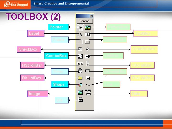 TOOLBOX (2) Pointer Picture. Box Label Text. Box Frame Command Otion. Button Check. Box