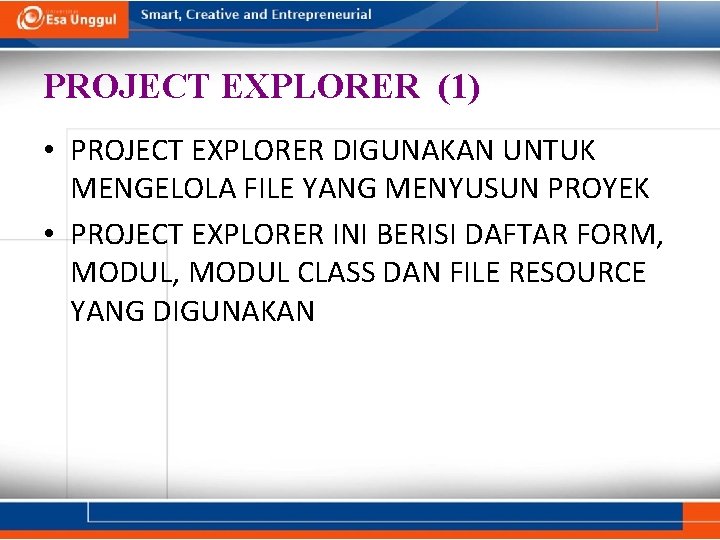 PROJECT EXPLORER (1) • PROJECT EXPLORER DIGUNAKAN UNTUK MENGELOLA FILE YANG MENYUSUN PROYEK •