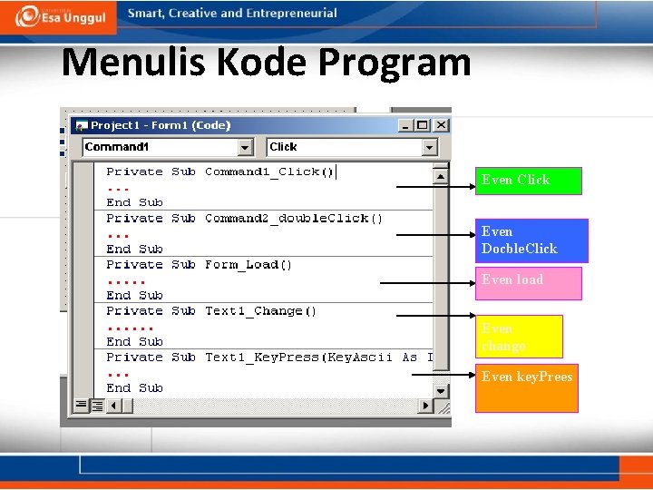 Menulis Kode Program Even Click Even Docble. Click Even load Even change Even key.