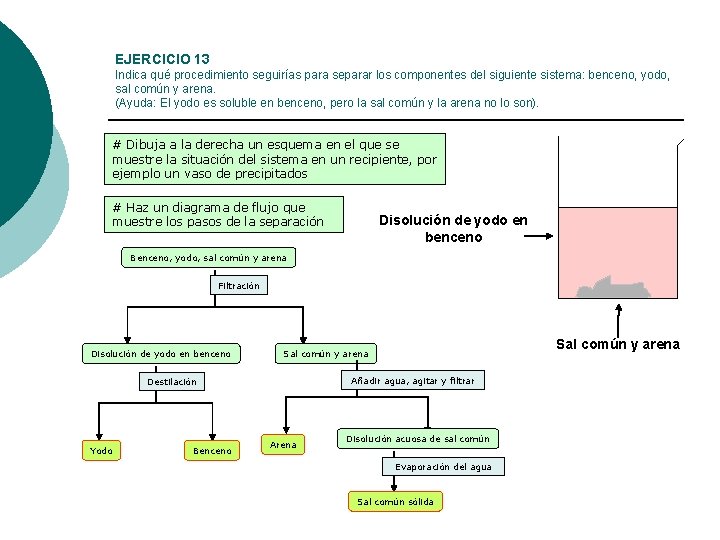 EJERCICIO 13 Indica qué procedimiento seguirías para separar los componentes del siguiente sistema: benceno,