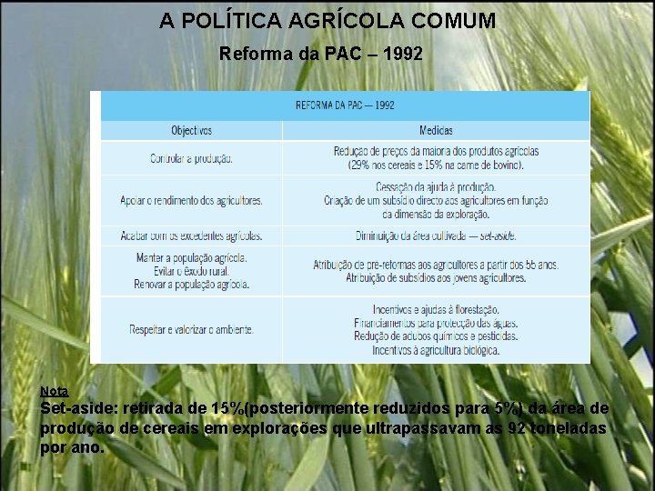 A POLÍTICA AGRÍCOLA COMUM Reforma da PAC – 1992 Nota Set-aside: retirada de 15%(posteriormente