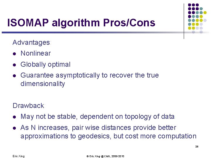 ISOMAP algorithm Pros/Cons Advantages: l Nonlinear l Globally optimal l Guarantee asymptotically to recover ISOMAP algorithm Pros/Cons Advantages: l Nonlinear l Globally optimal l Guarantee asymptotically to recover