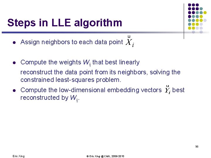Steps in LLE algorithm l Assign neighbors to each data point l Compute the Steps in LLE algorithm l Assign neighbors to each data point l Compute the