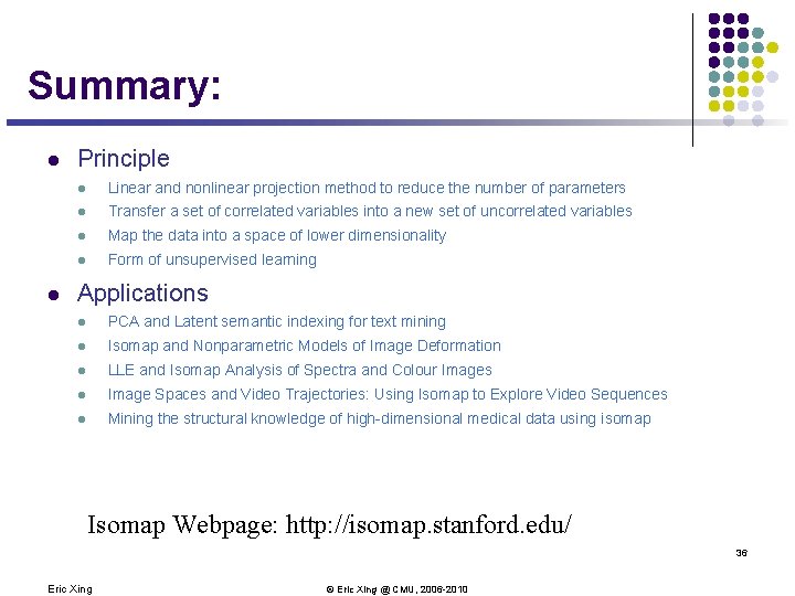Summary: l l Principle l Linear and nonlinear projection method to reduce the number Summary: l l Principle l Linear and nonlinear projection method to reduce the number