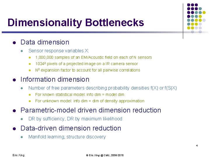Dimensionality Bottlenecks l Data dimension l l 1, 000 samples of an EM/Acoustic field Dimensionality Bottlenecks l Data dimension l l 1, 000 samples of an EM/Acoustic field
