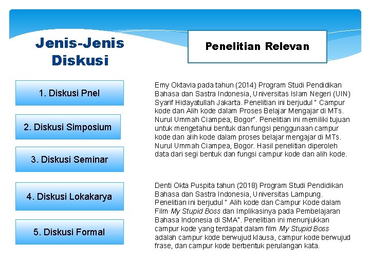 Jenis-Jenis Diskusi 1. Diskusi Pnel 2. Diskusi Simposium 3. Diskusi Seminar 4. Diskusi Lokakarya