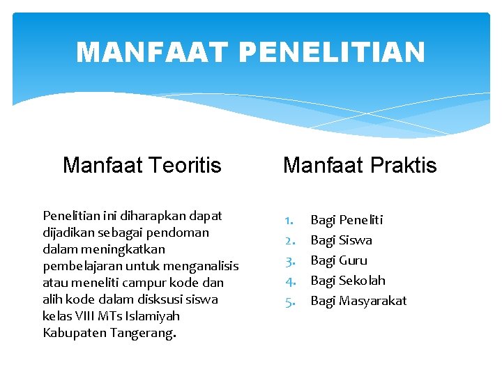 MANFAAT PENELITIAN Manfaat Teoritis Penelitian ini diharapkan dapat dijadikan sebagai pendoman dalam meningkatkan pembelajaran