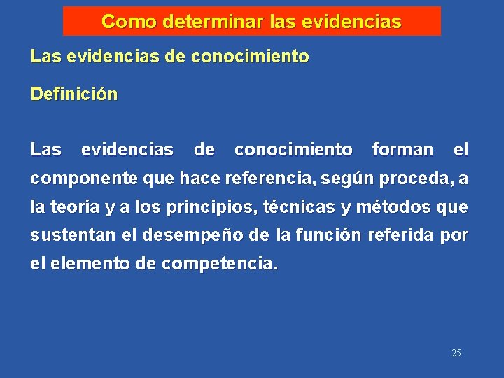 Como determinar las evidencias Las evidencias de conocimiento Definición Las evidencias de conocimiento forman