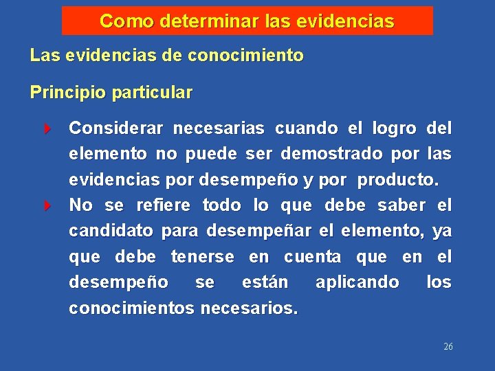 Como determinar las evidencias Las evidencias de conocimiento Principio particular 4 Considerar necesarias cuando