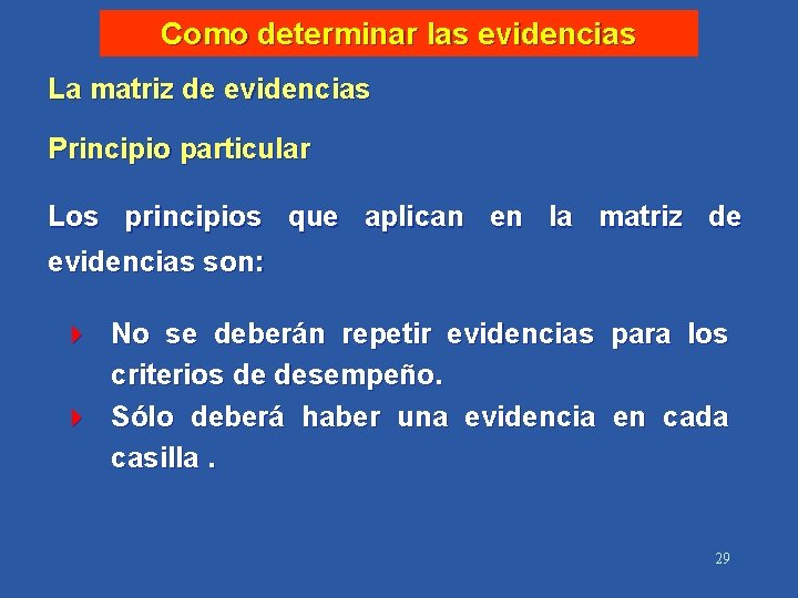 Como determinar las evidencias La matriz de evidencias Principio particular Los principios que aplican
