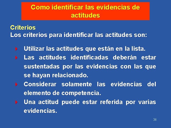 Como identificar las evidencias de actitudes Criterios Los criterios para identificar las actitudes son: