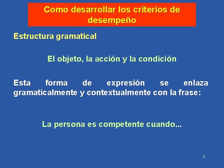 Como desarrollar los criterios de desempeño Estructura gramatical El objeto, la acción y la