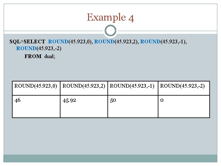 Example 4 SQL>SELECT ROUND(45. 923, 0), ROUND(45. 923, 2), ROUND(45. 923, -1), ROUND(45. 923,