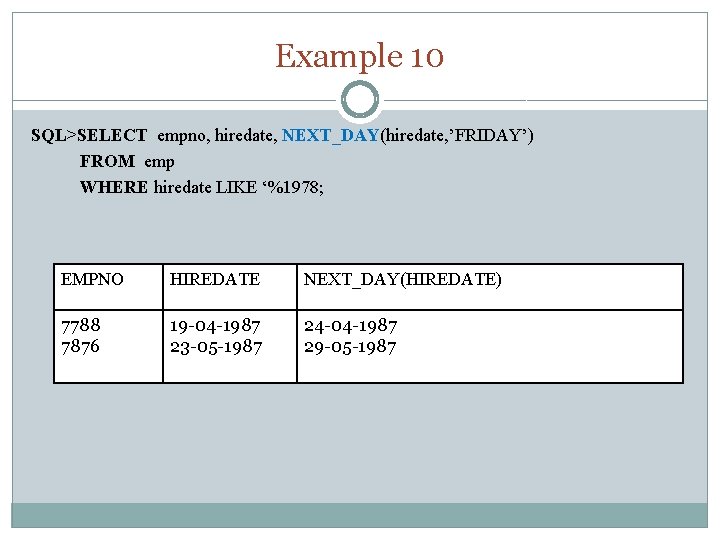 Example 10 SQL>SELECT empno, hiredate, NEXT_DAY(hiredate, ’FRIDAY’) FROM emp WHERE hiredate LIKE ‘%1978; EMPNO