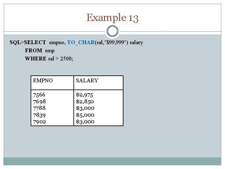 Example 13 SQL>SELECT empno, TO_CHAR(sal, ’$99, 999’) salary FROM emp WHERE sal > 2500;